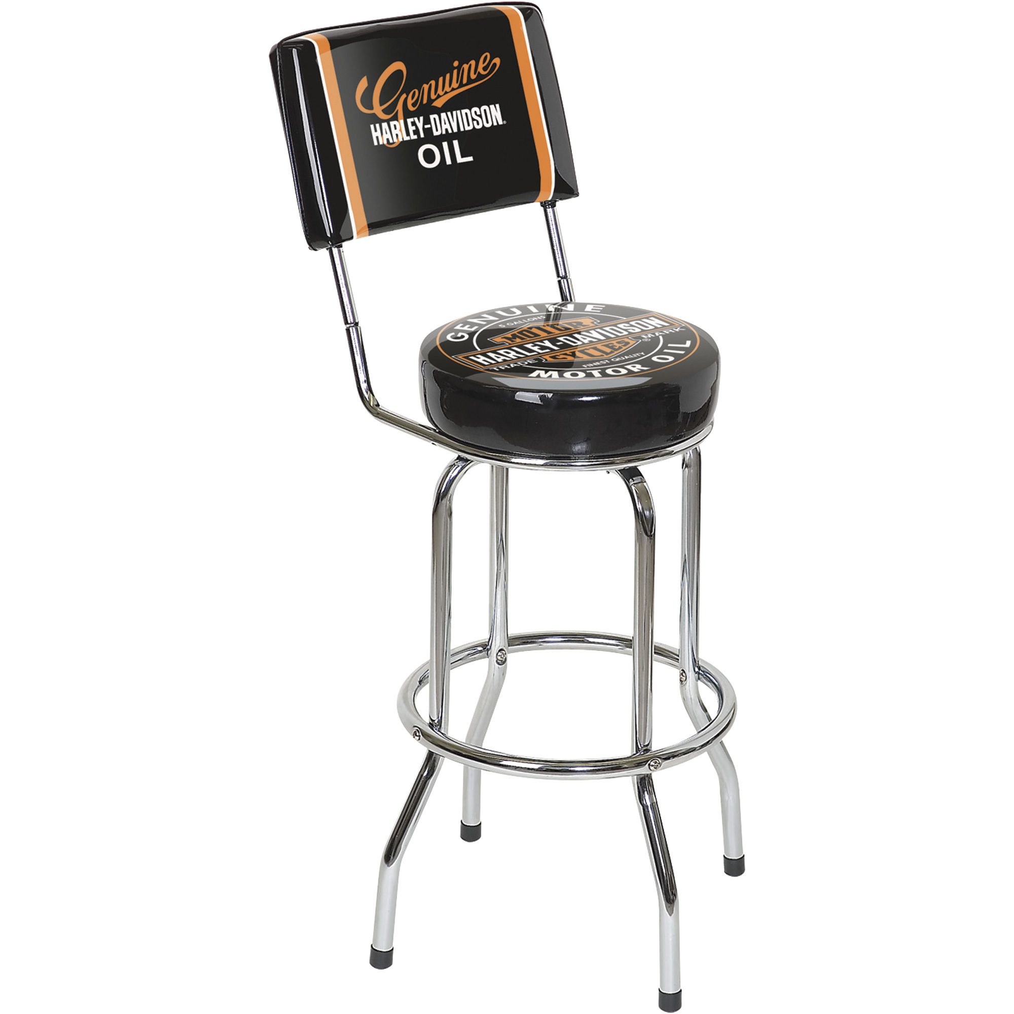 Harley-Davidson Oil Can Swivel Barstool with Backrest, Model# HDL-12203